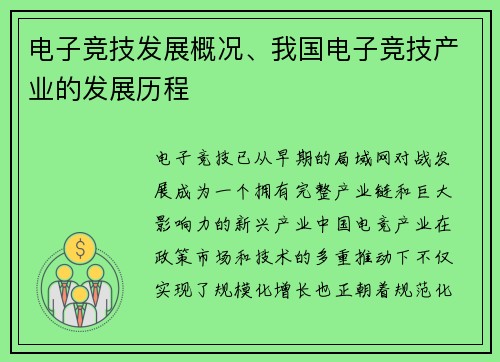 电子竞技发展概况、我国电子竞技产业的发展历程